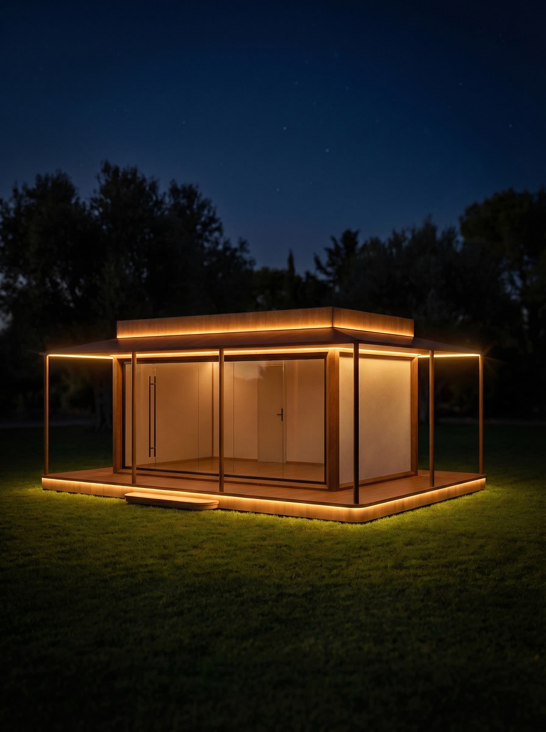 Spațiu comercial modular din lemn cu terasă, noaptea