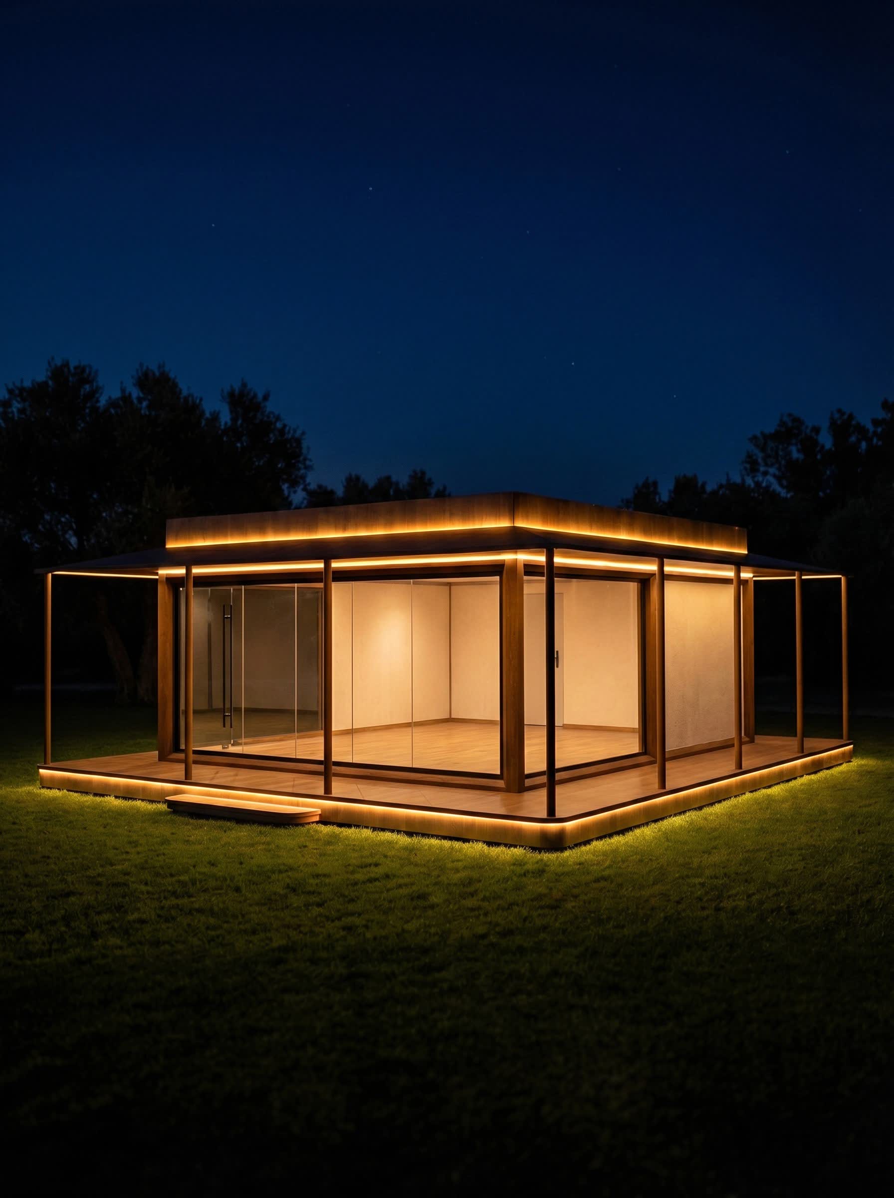 Pavilion comercial modular cu pereți de sticlă, noaptea